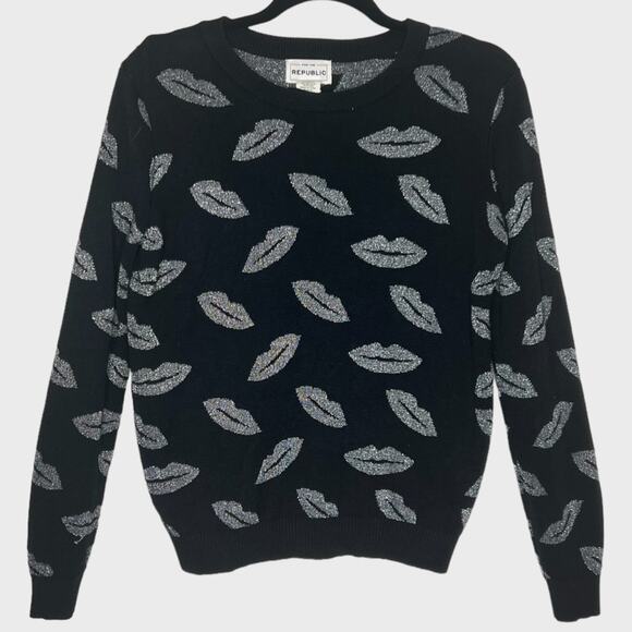 VTG For The Republic Womens Kisses Crewneck Sweater M 90s Y2K Retro Silver Lips - Picture 1 of 7